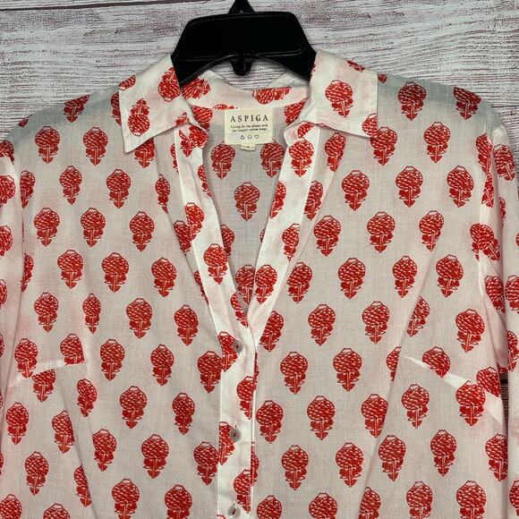 Aspiga Cecilia Floral Pineapple Soft Organic Cotton Button Down Blouse Top Small - Picture 8 of 12